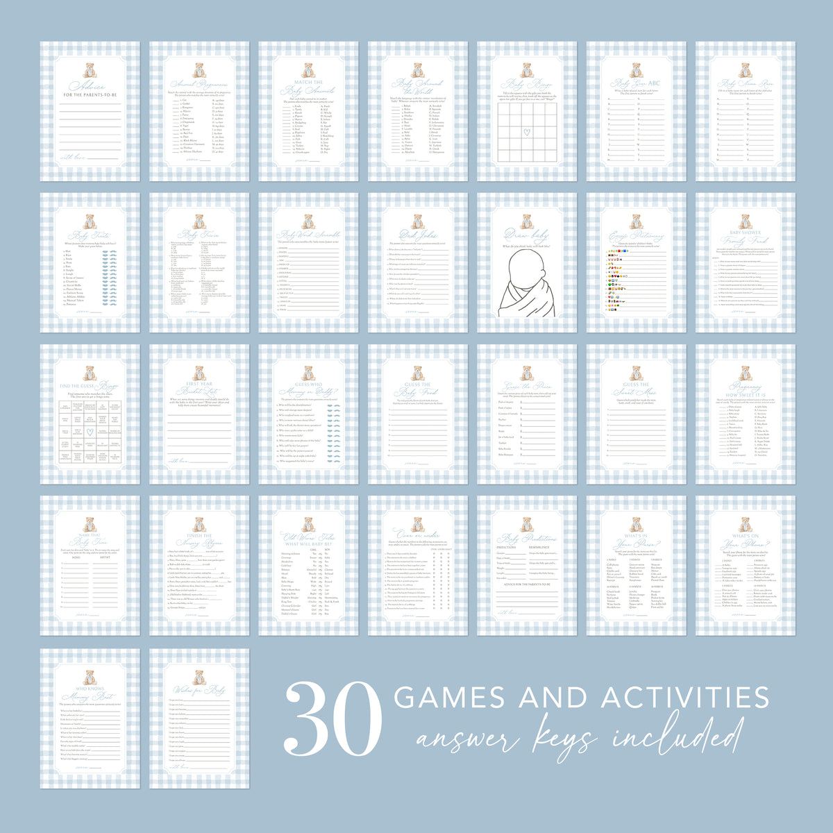 Blue Gingham Teddy Bear Baby Shower Games
