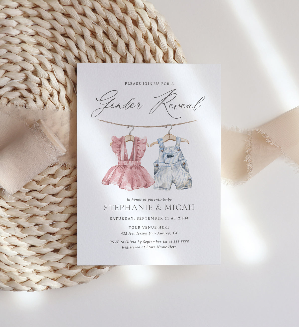 Editable Pink and Blue Baby Clothes Gender Reveal Invitation Template