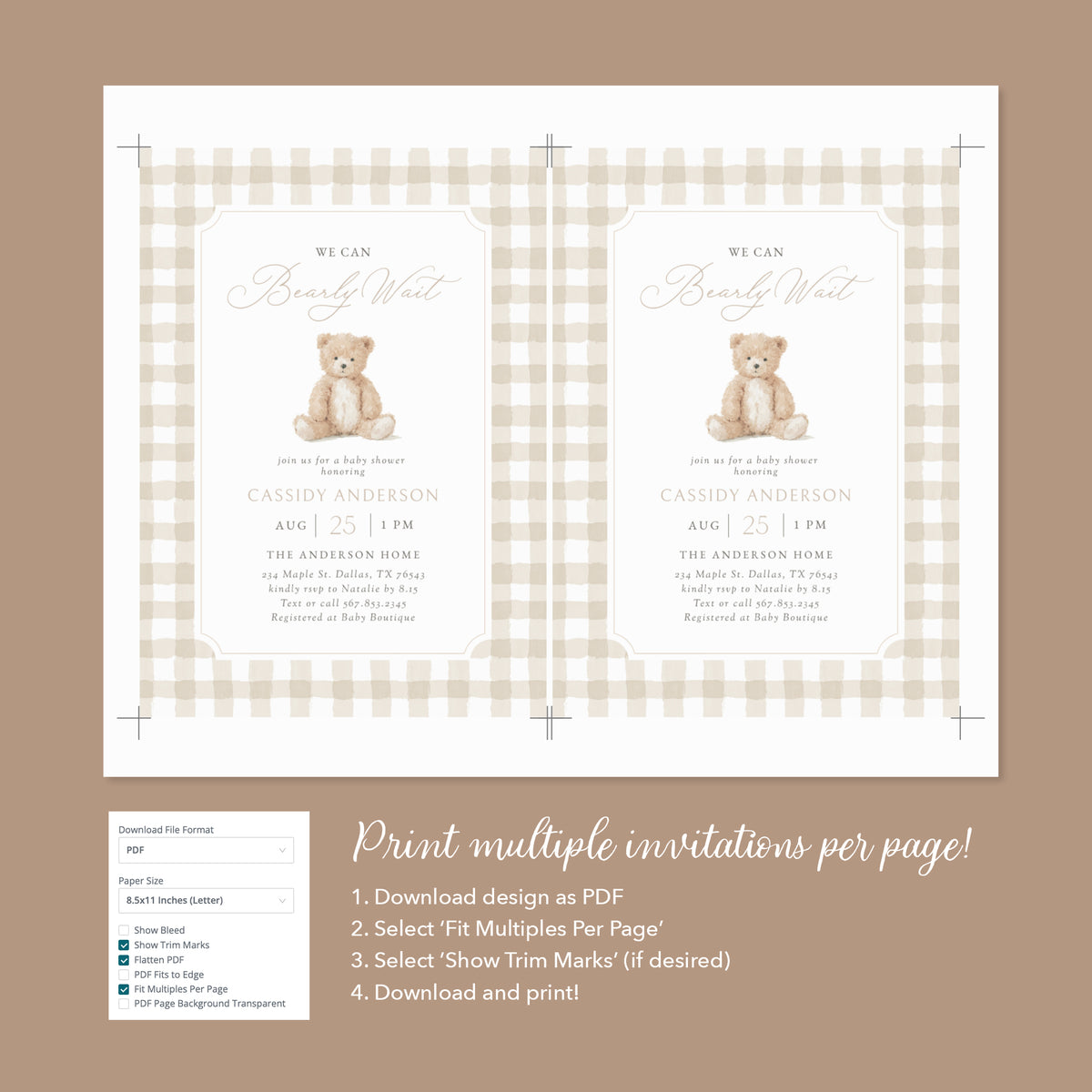 Neutral Gingham Teddy Bear Baby Shower Invitation
