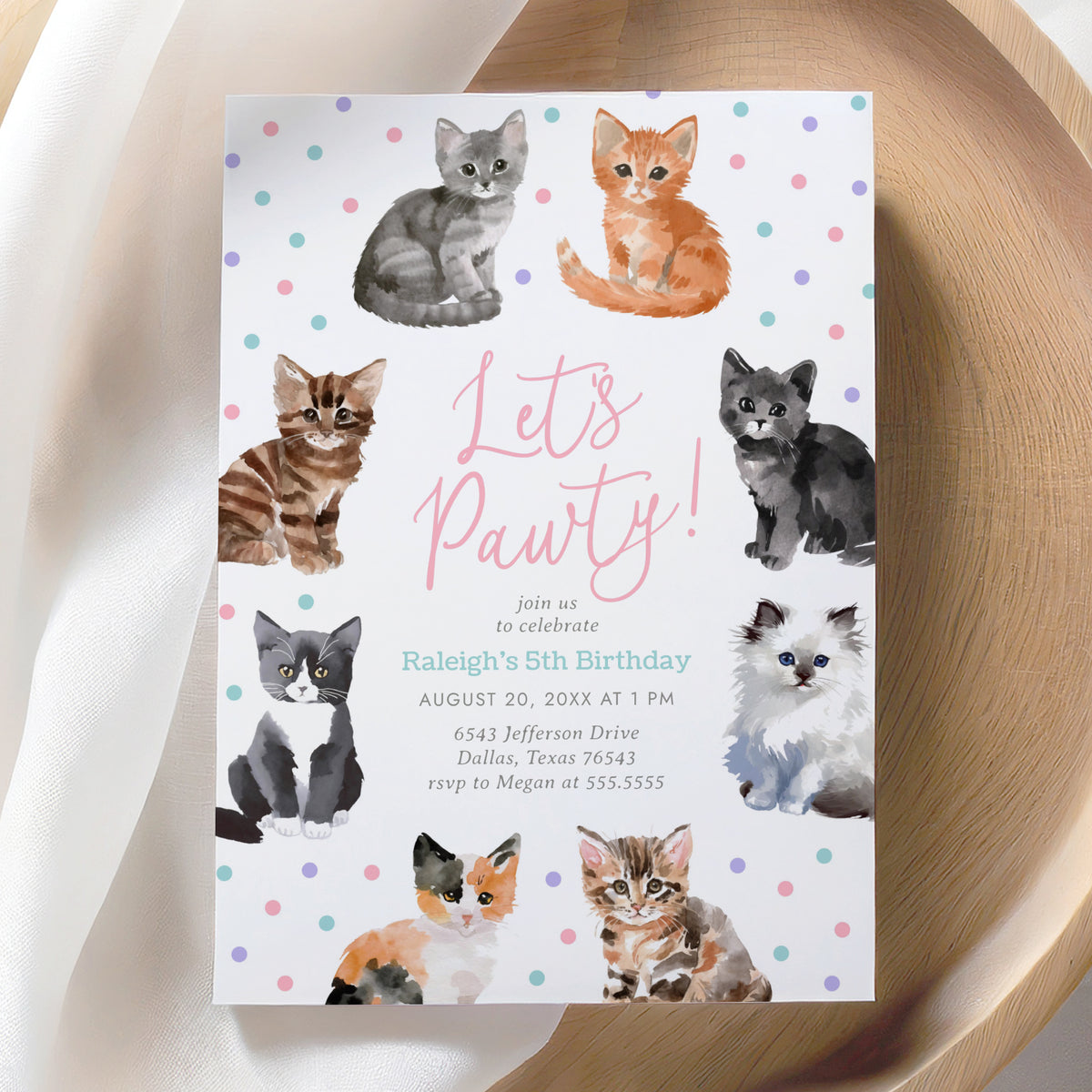 Editable Watercolor Kitten Birthday Invitation