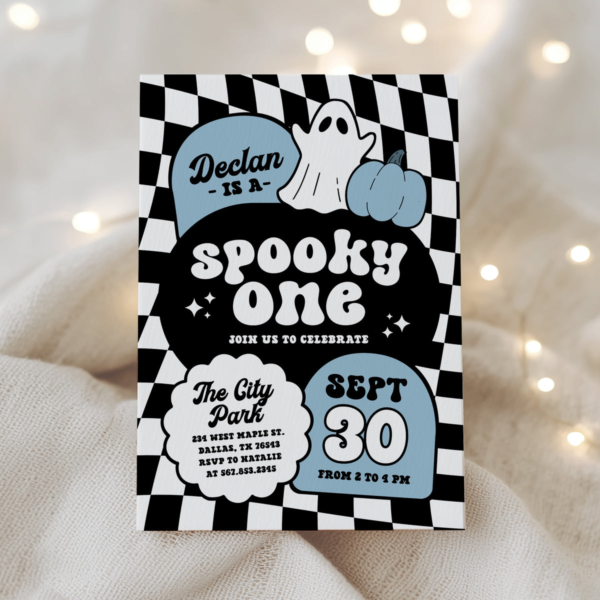 Blue Retro Checker Spooky One Halloween Birthday Invitation