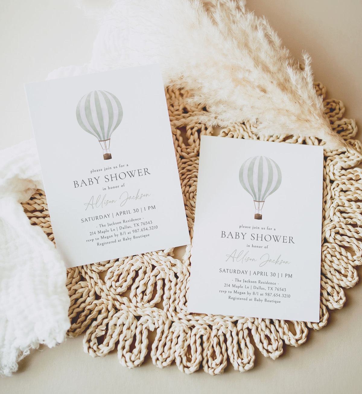 Minimalist Sage Green Hot Air Balloon Baby Shower Invitation