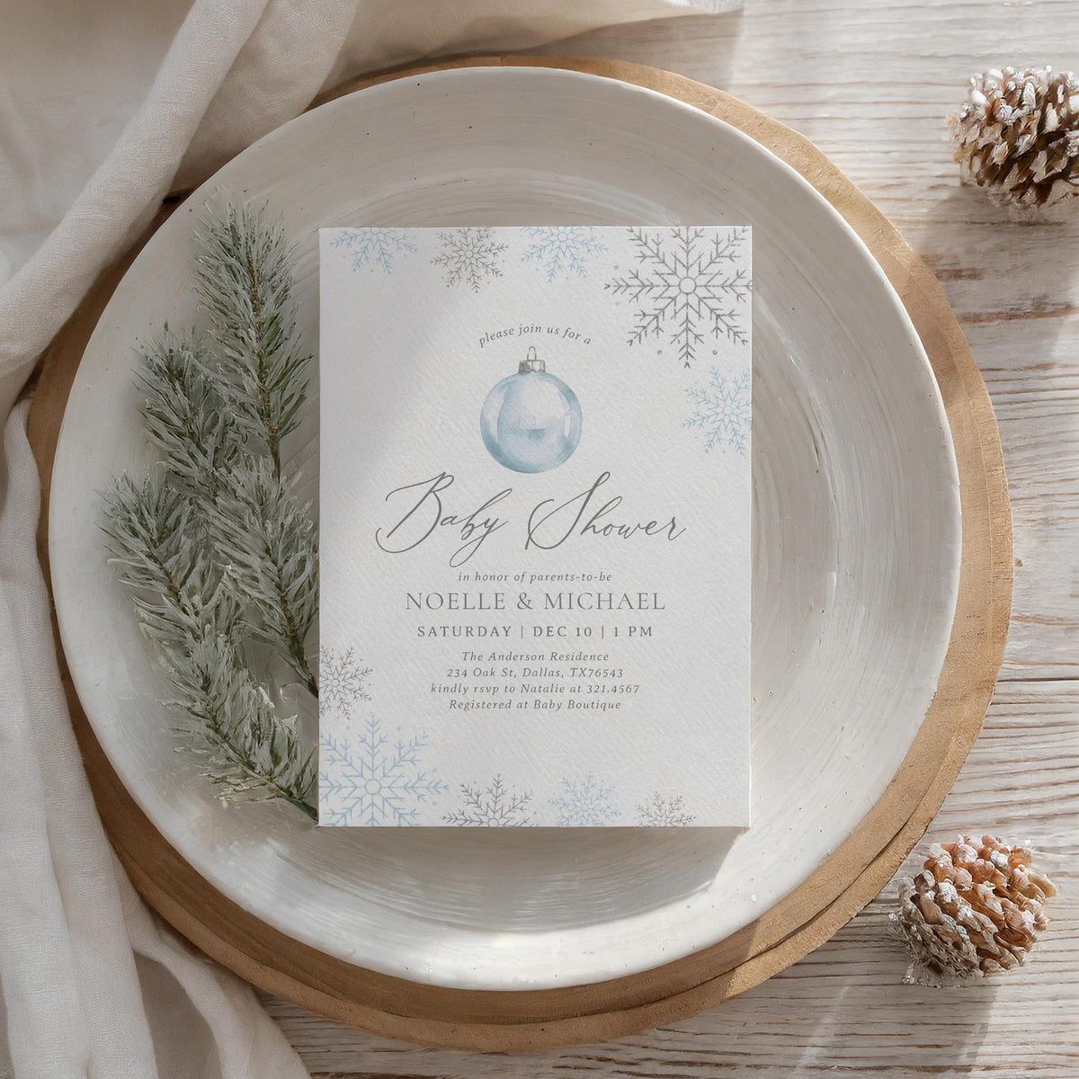 Blue Ornament Baby Shower Invitation