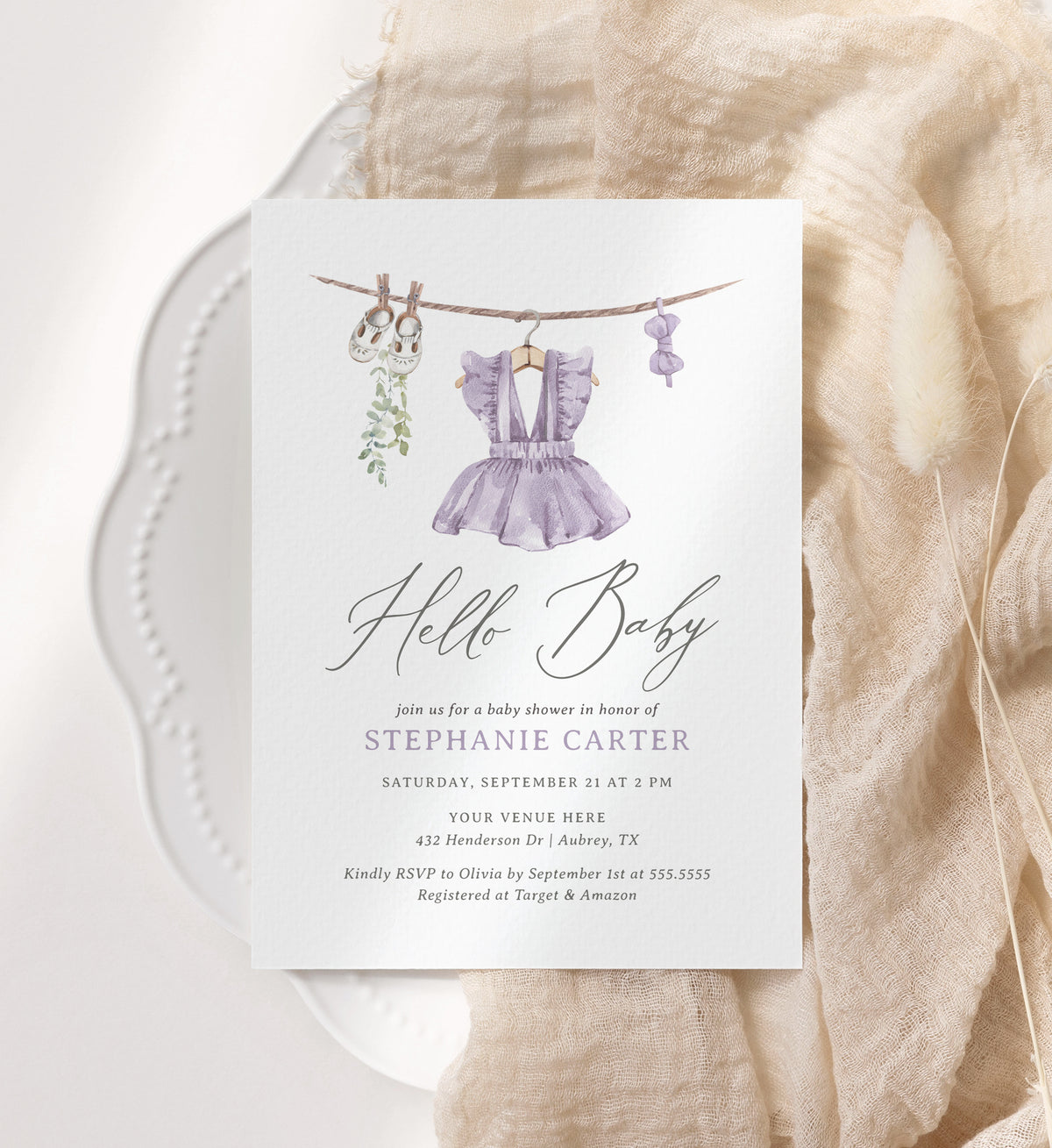 Purple Baby Clothes Baby Shower Invitation Template
