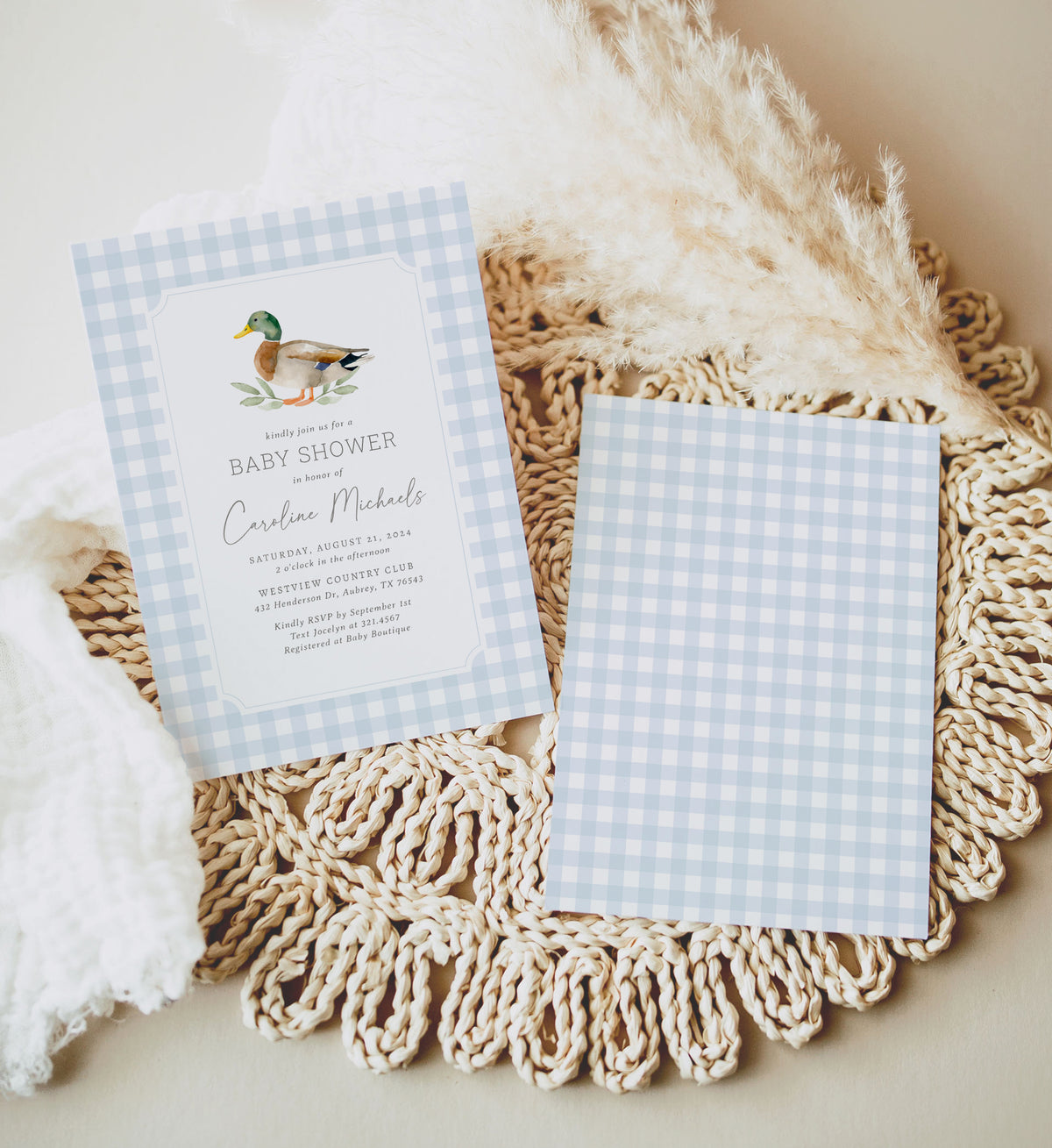 Blue Gingham Duck Baby Shower Invitation