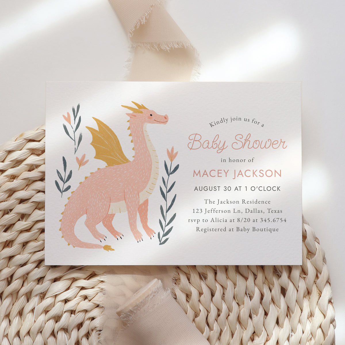 Pink Dragon Baby Shower Invitation Template