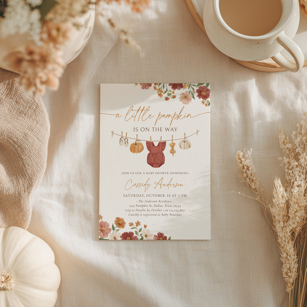 Burgundy Floral Little Pumpkin Baby Shower Invitation