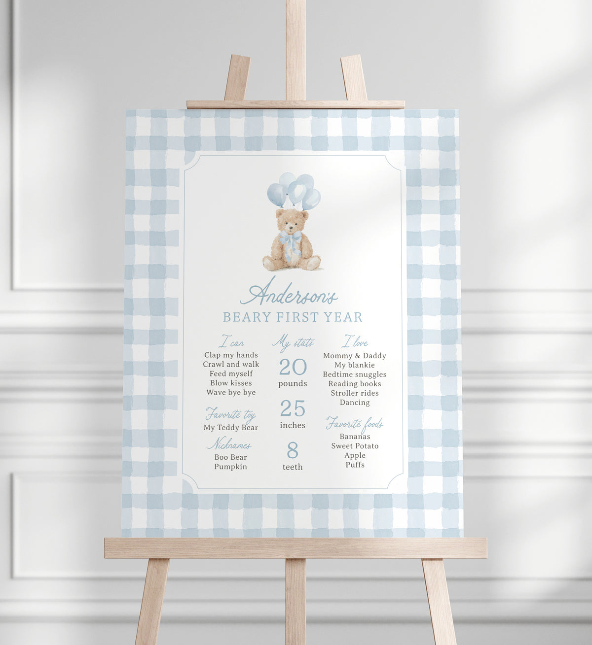 Blue Gingham Teddy Bear Birthday Milestone Sign