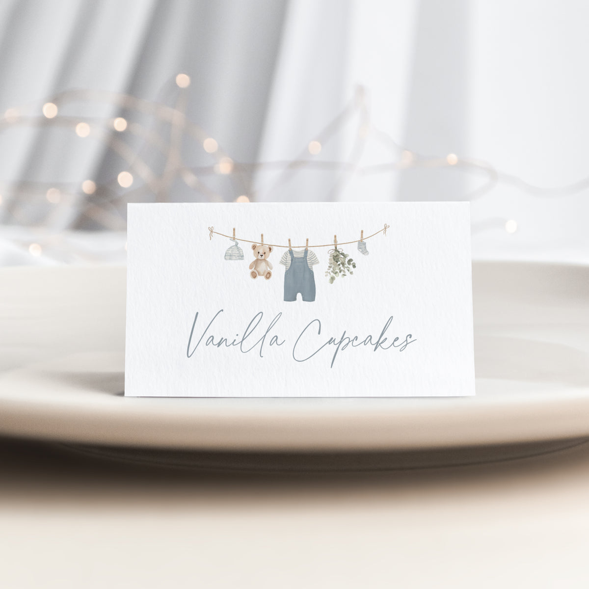 Blue Overalls Clothesline Baby Shower Tent Card