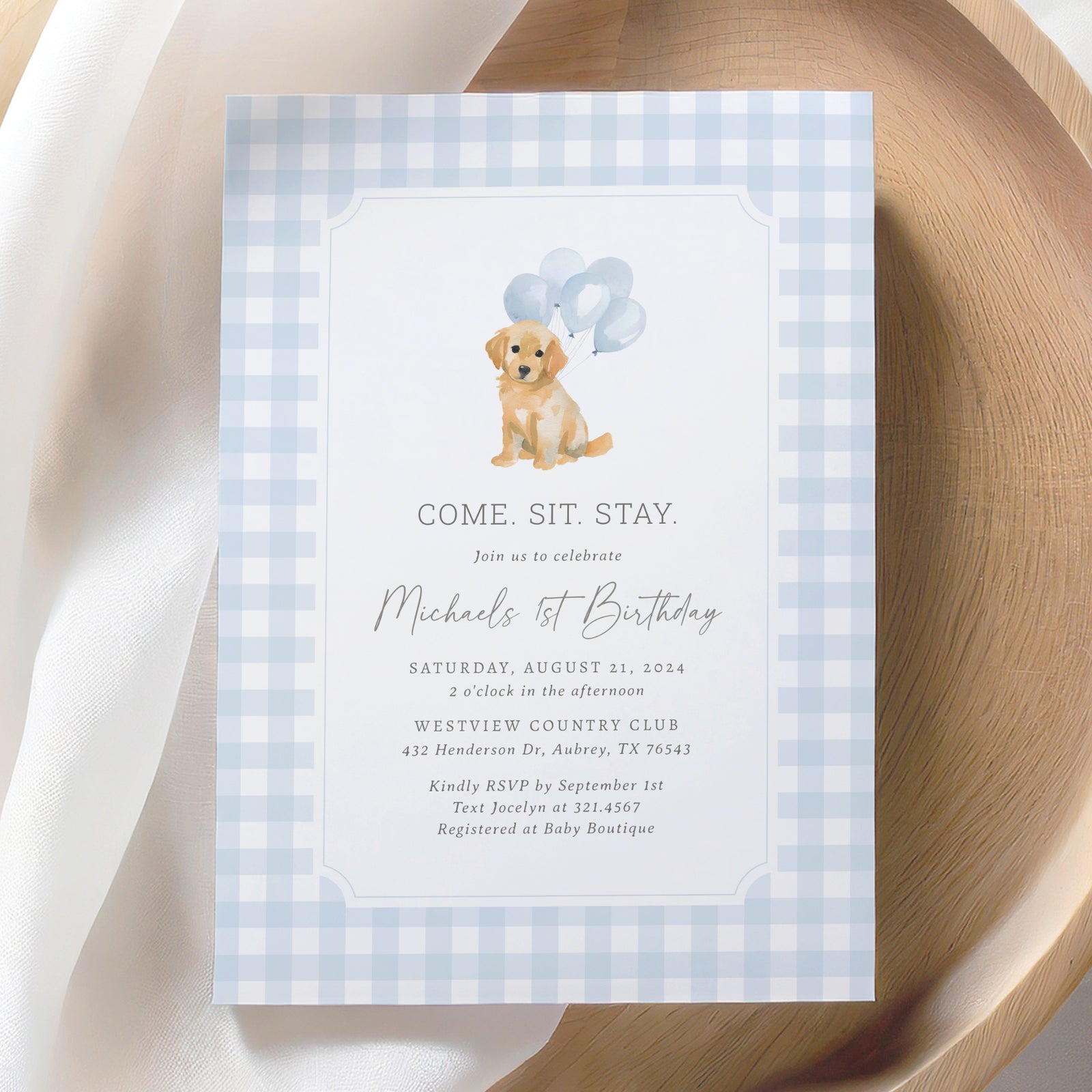 Blue Gingham Golden Retriever Birthday Invitation