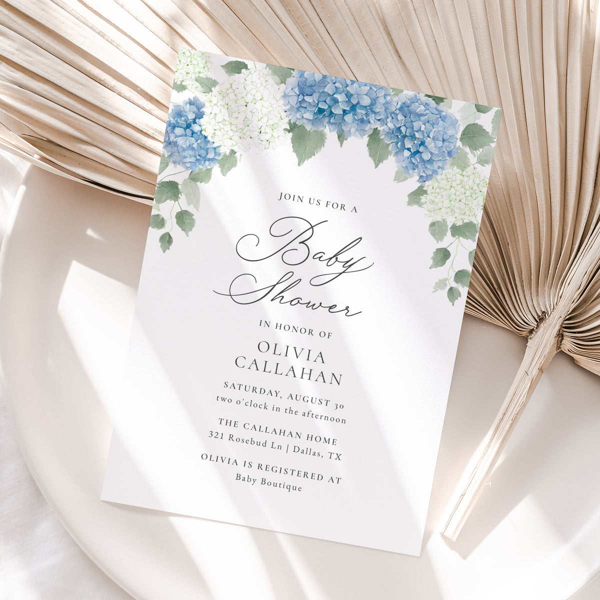 Blue Hydrangea Baby Shower Invitation