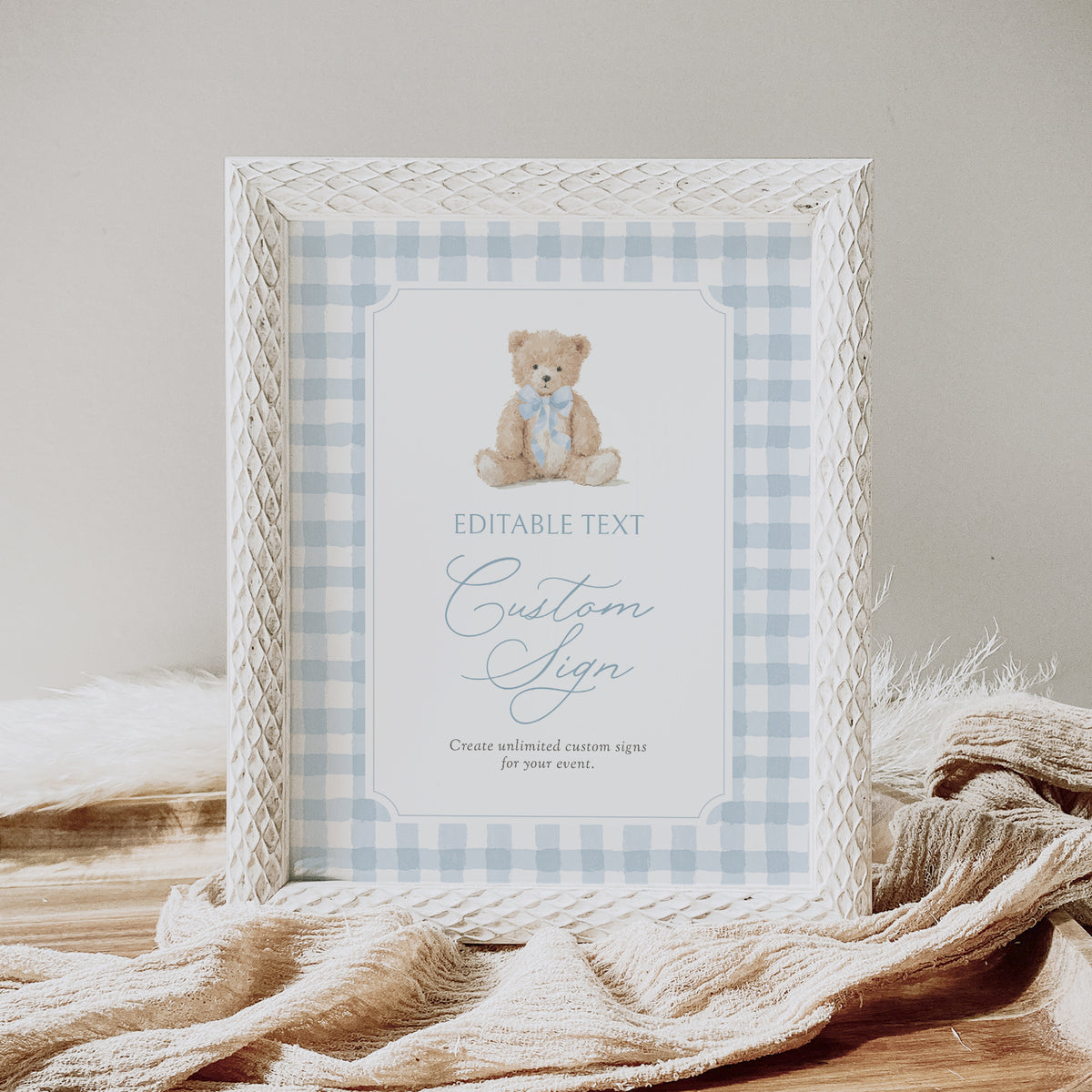 Blue Gingham Teddy Bear Baby Shower Custom Sign