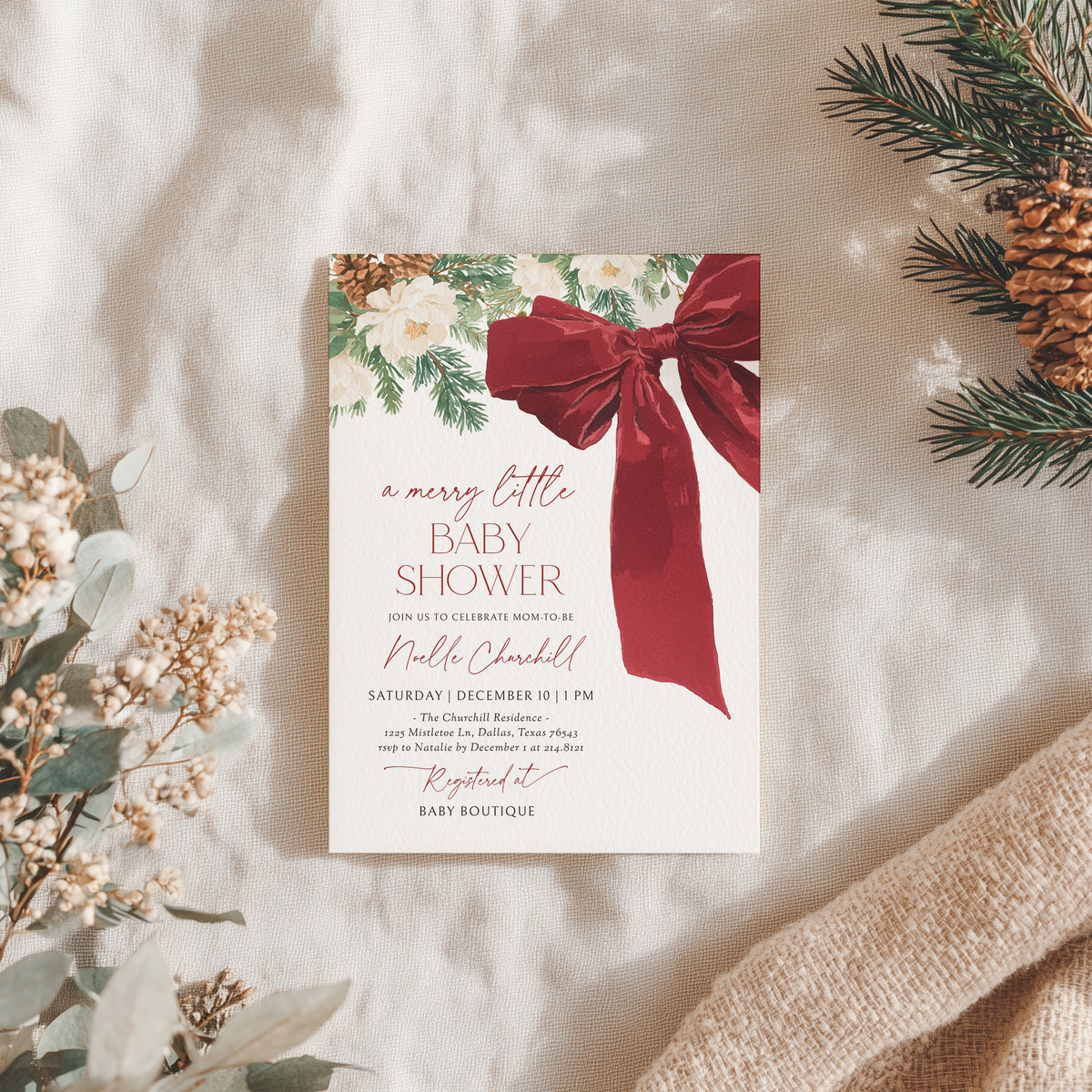 Red Christmas Bow and Greenery Baby Shower Invitation