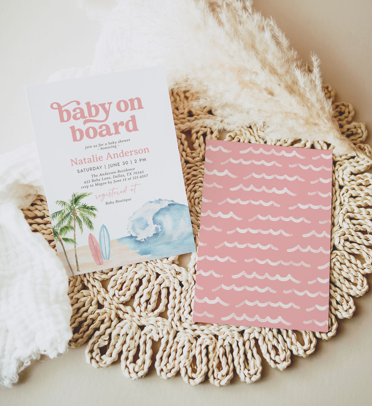 Baby on Board Pink Surf Baby Shower Invitation