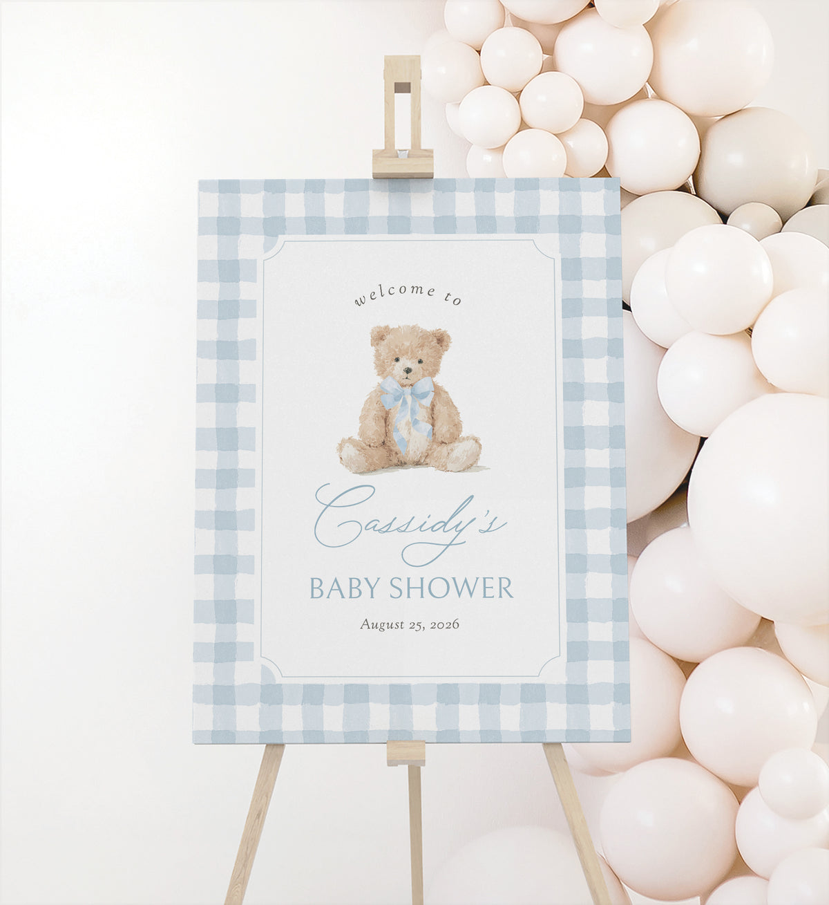 Blue Gingham Teddy Bear Welcome Sign