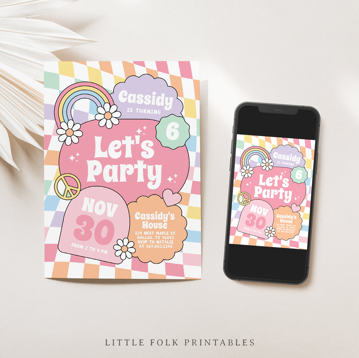 Groovy Pastel Rainbow Checker Birthday Invitation