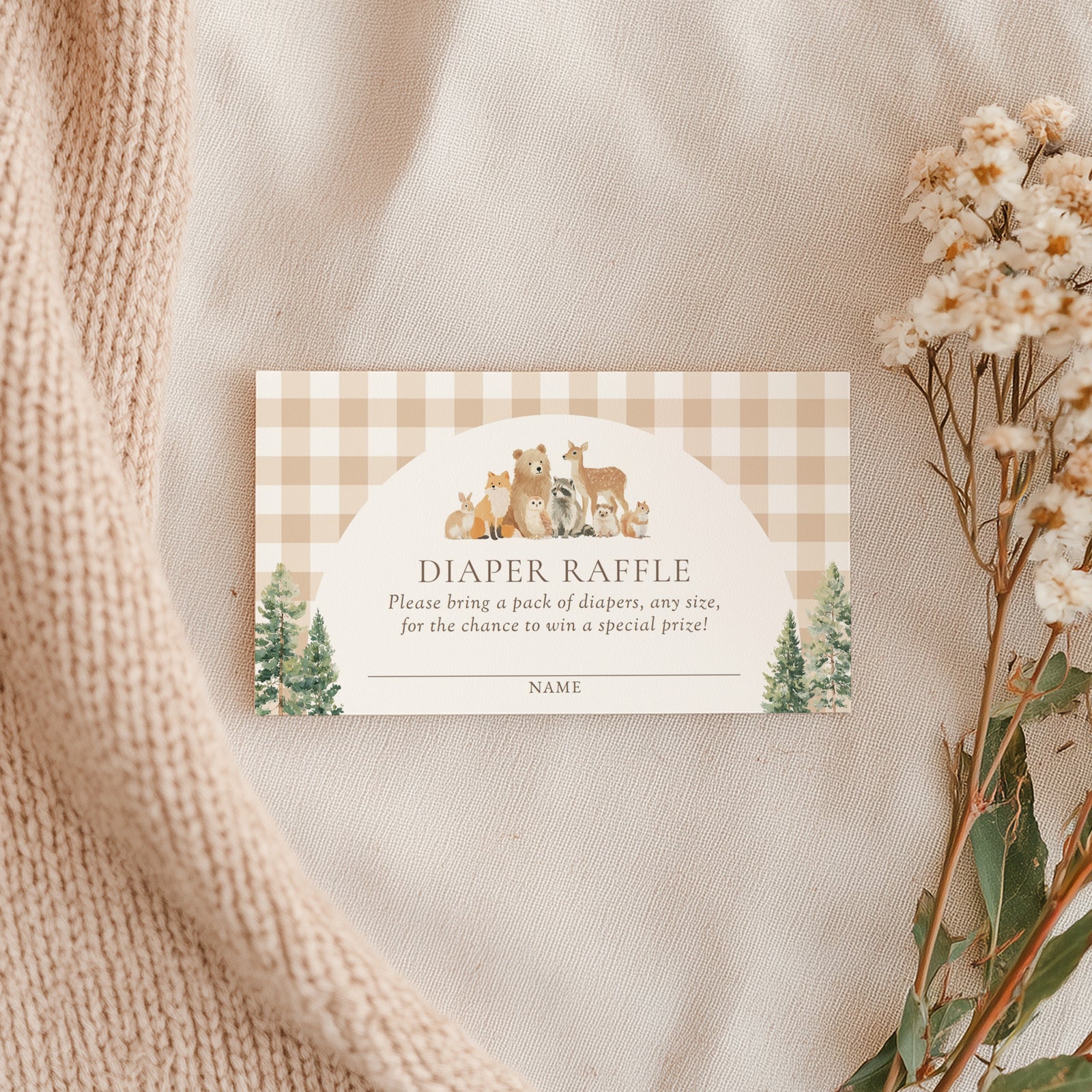 Woodland Gingham Baby Shower Diaper Raffle Ticket