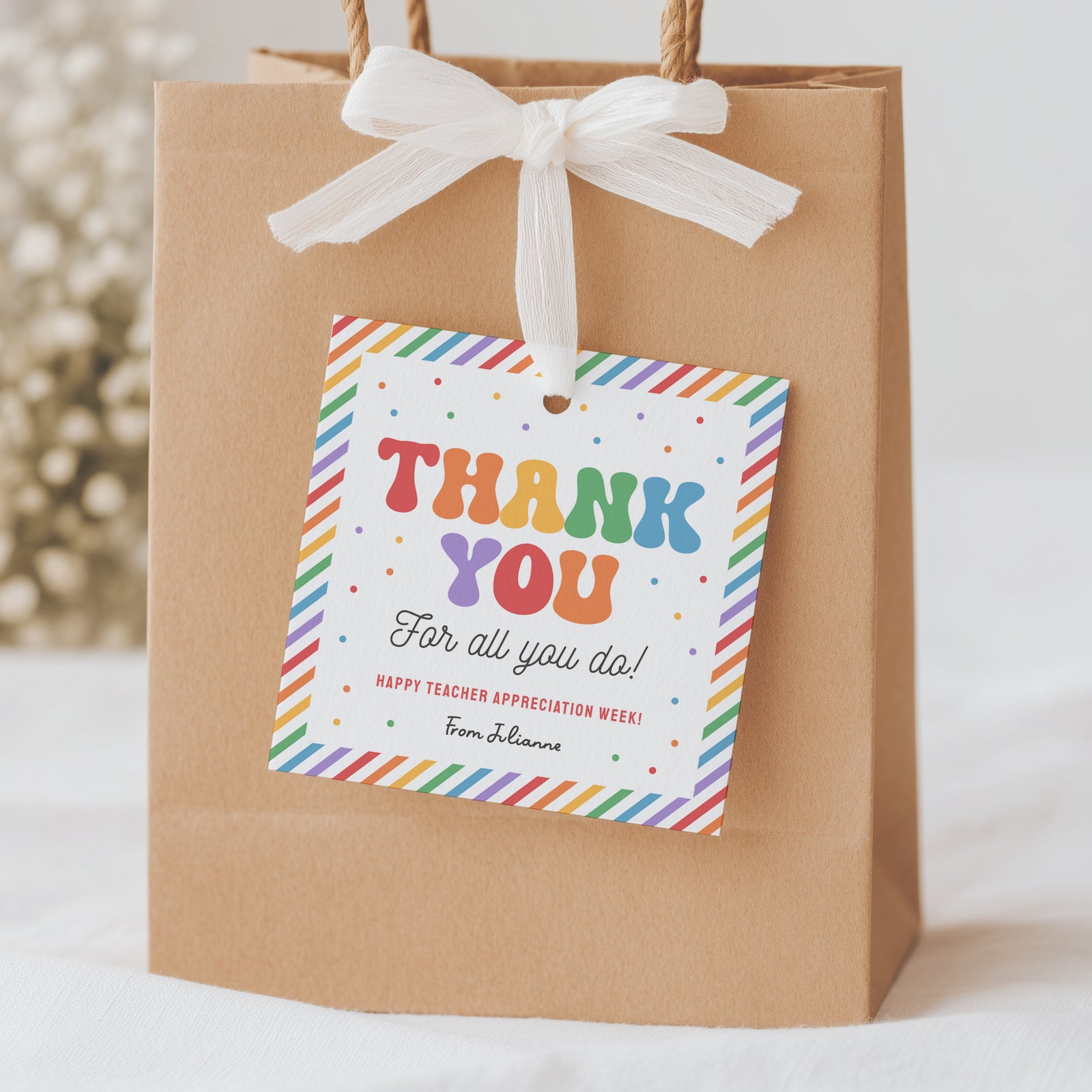Rainbow Stripe Square Teacher Appreciation Tag Template