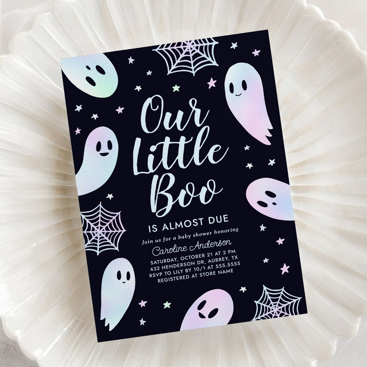 A Little Boo is Almost Due Baby Shower Invitation Template (Iridescent)