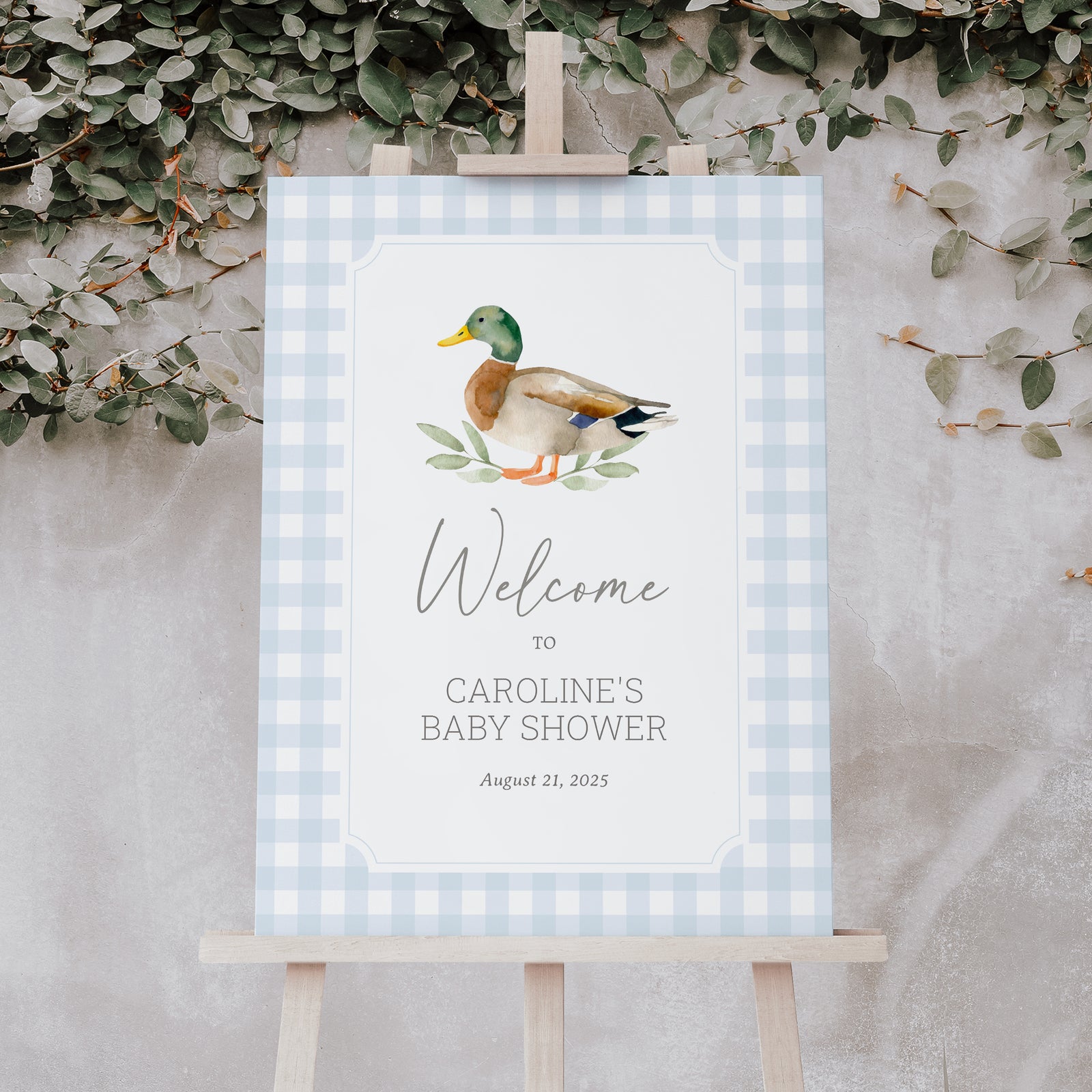 Blue Gingham Duck Baby Shower Welcome Sign Template