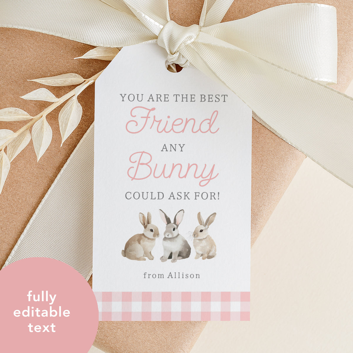 Pink Gingham Best Friend Easter Tag Template