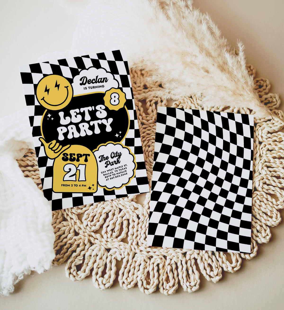 Black and Yellow Checker Smile Face Birthday Invitation