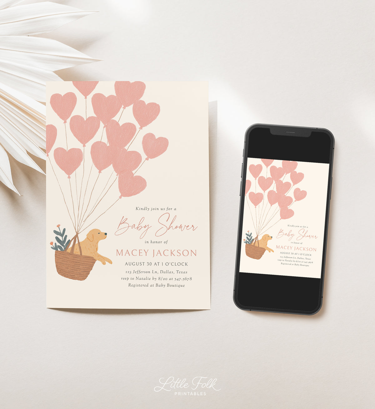 Golden Retriever with Balloons Baby Shower Invitation