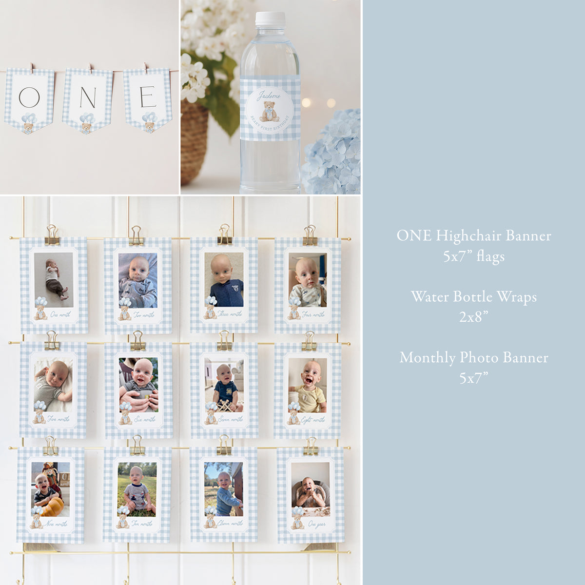 Blue Gingham Teddy Bear Birthday Bundle