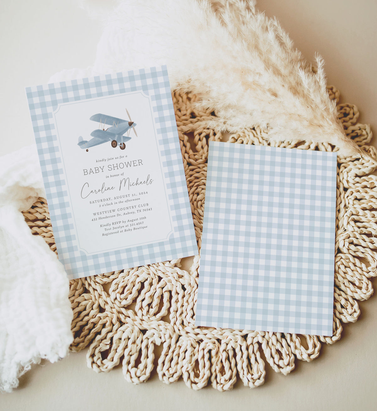 Blue Gingham Airplane Baby Shower Invitation