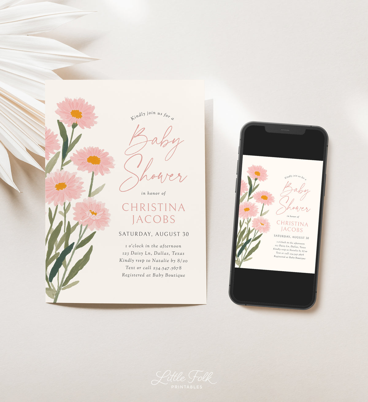 Pink Daisy Baby Shower Invitation Template