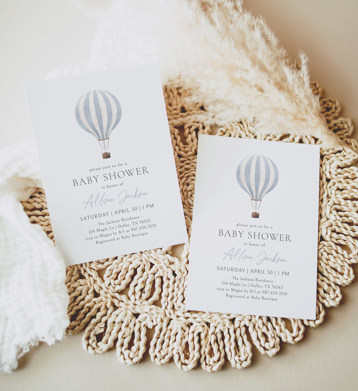 Minimalist Blue Hot Air Balloon Baby Shower Invitation