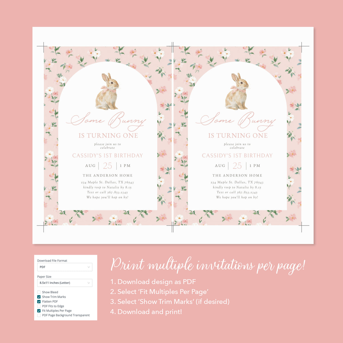Pink Floral Bunny Birthday Invitation
