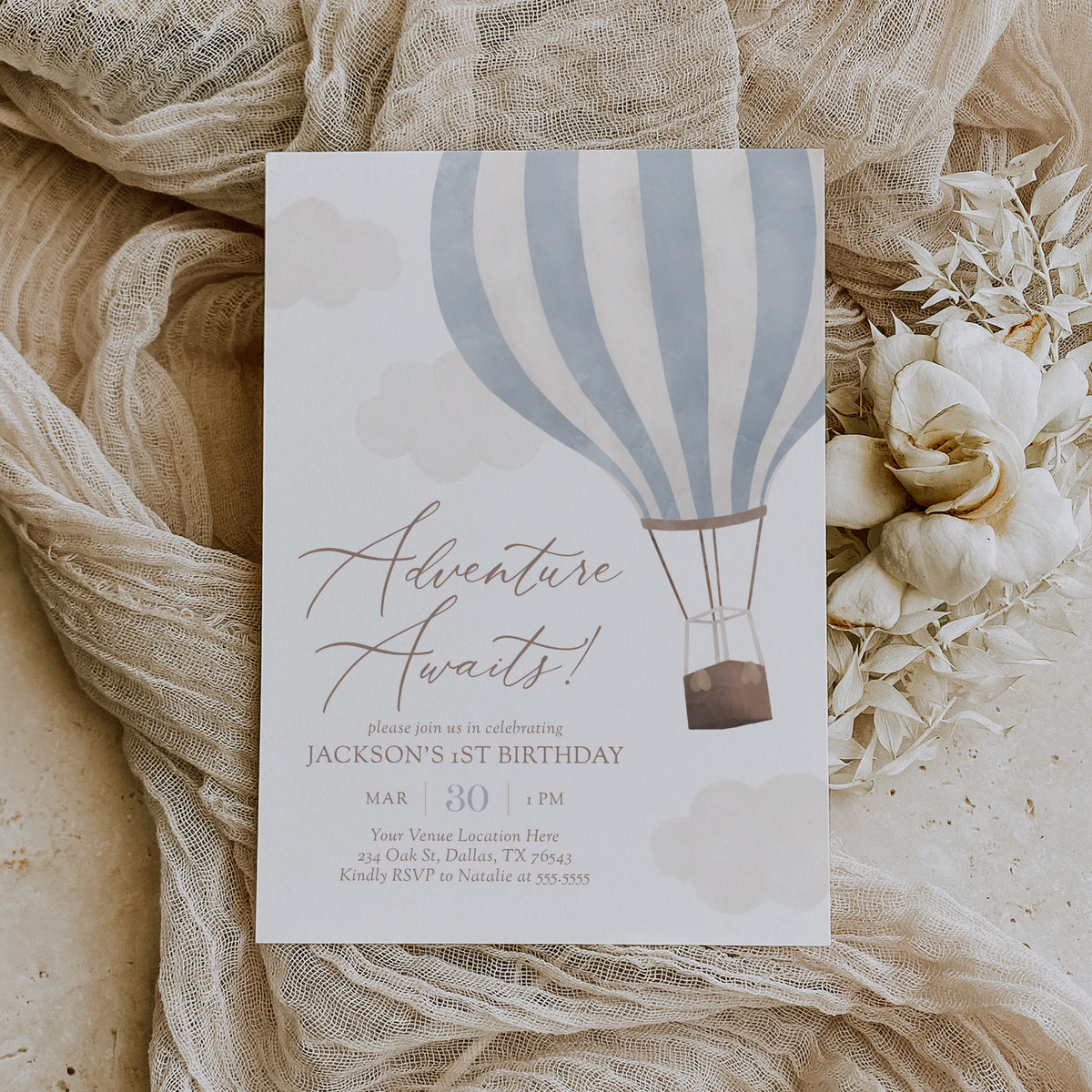 Editable Blue Hot Air Balloon Birthday Invitation Template