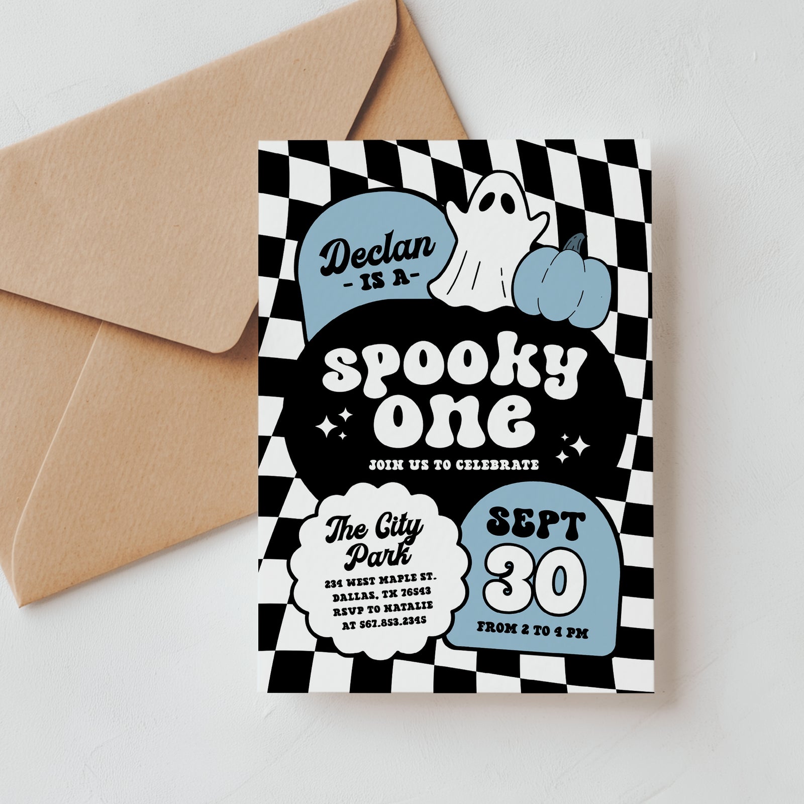 Blue Retro Checker Spooky One Halloween Birthday Invitation
