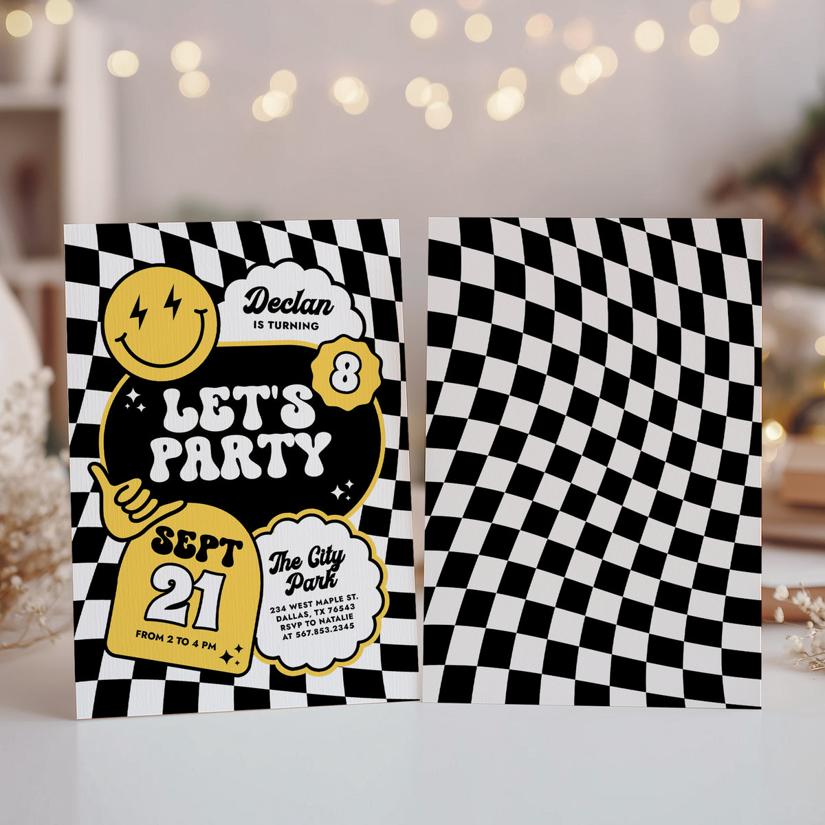 Black and Yellow Checker Smile Face Birthday Invitation