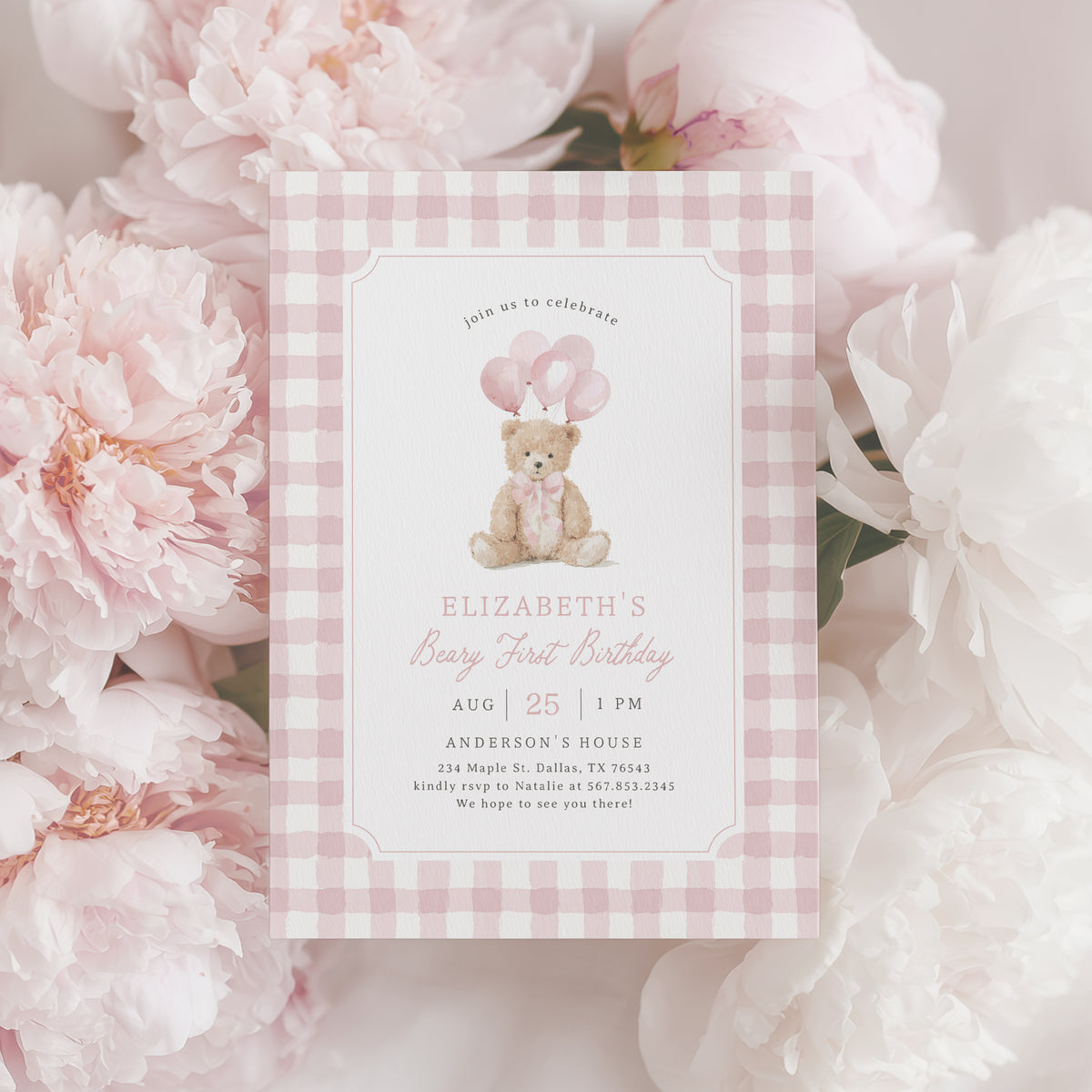 Pink Gingham Teddy Bear Birthday Invitation