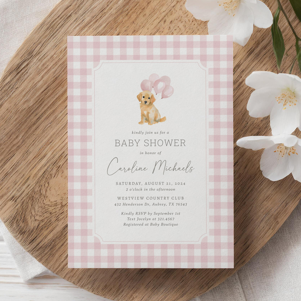Pink Gingham Golden Retriever Baby Shower Invitation
