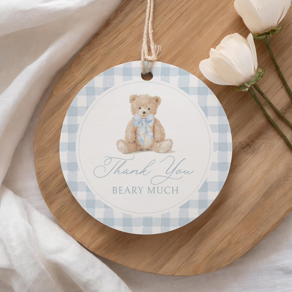 Blue Gingham Teddy Bear Baby Shower Round Tag