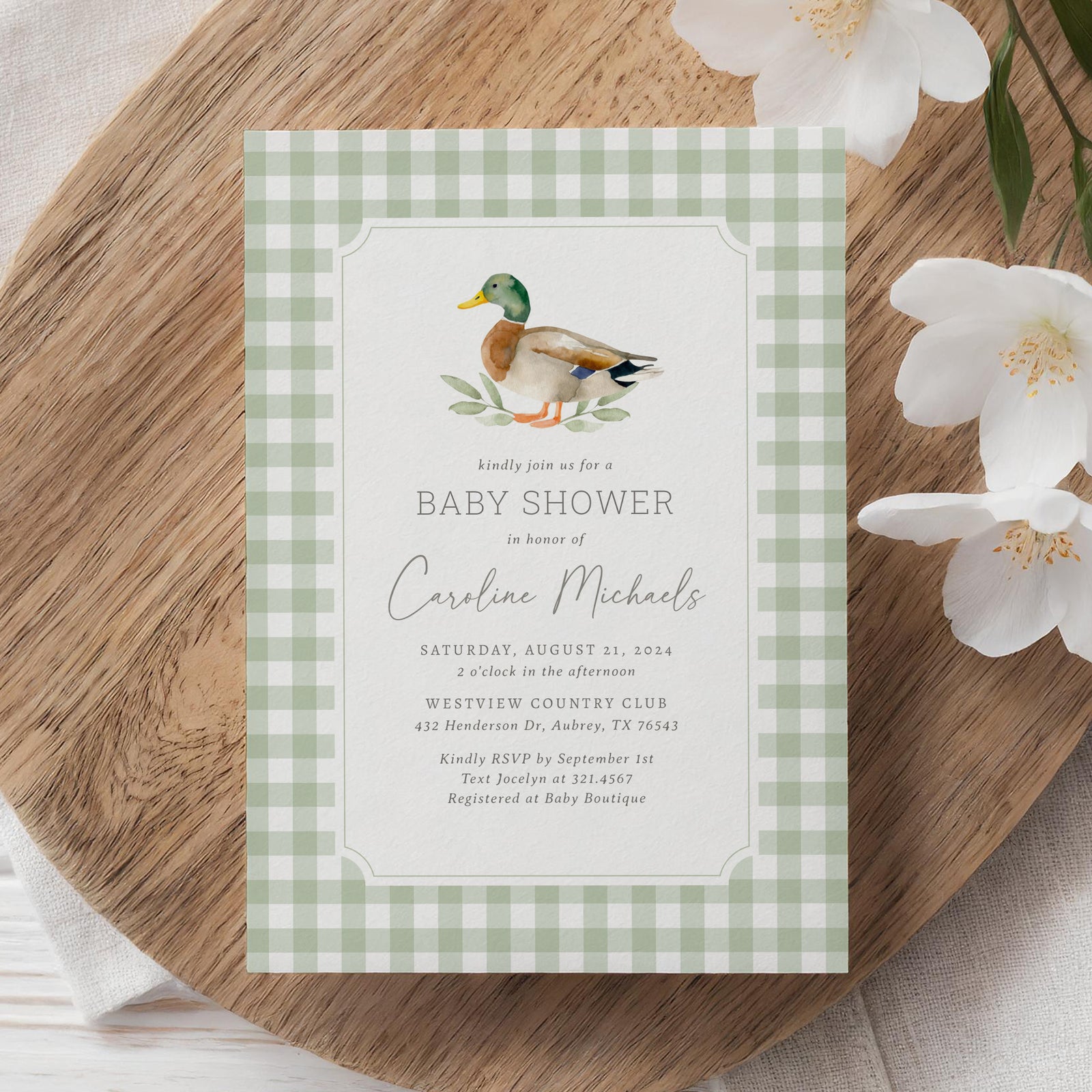 Sage Gingham Duck Baby Shower Invitation