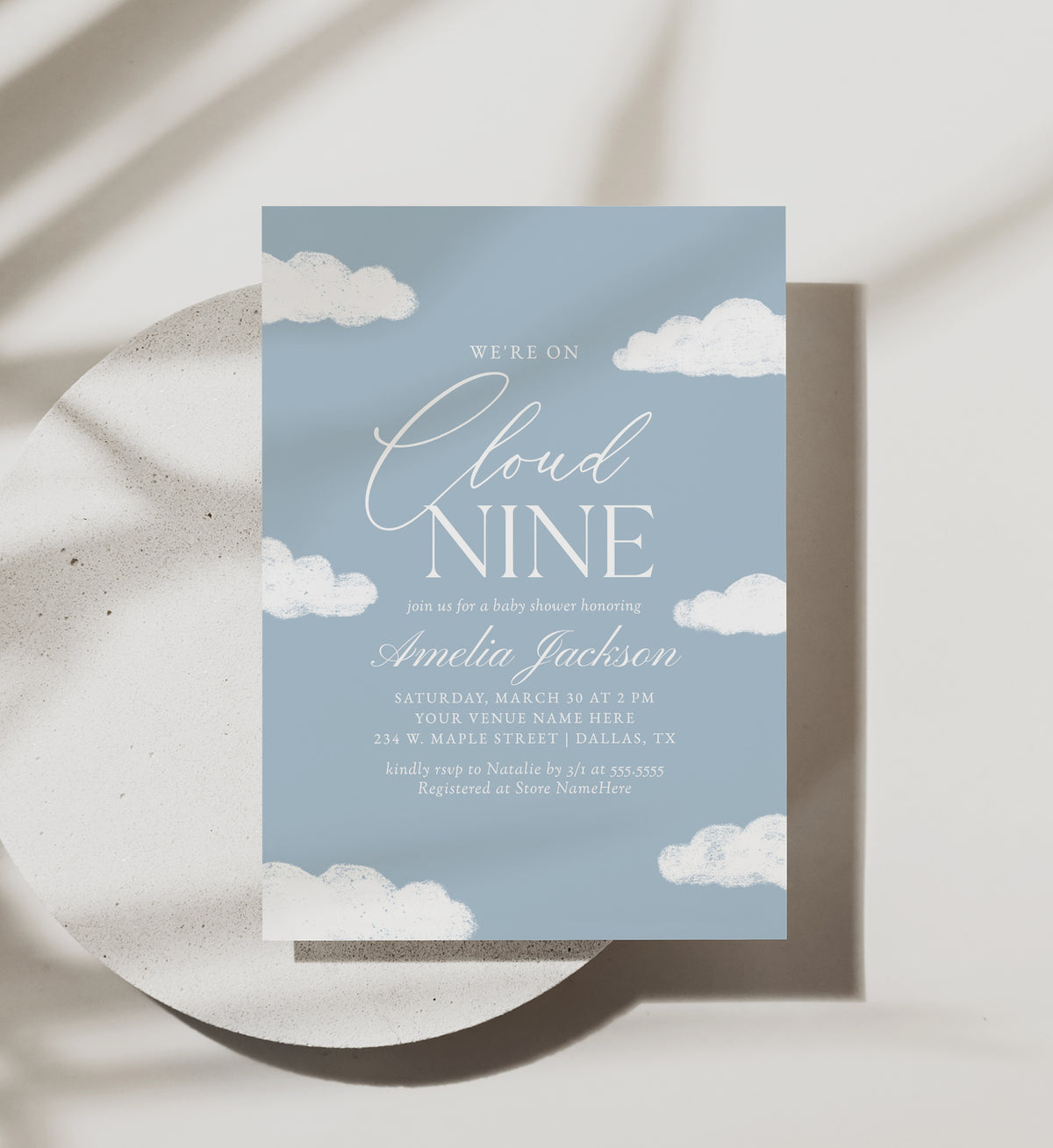 Editable Blue Cloud Nine Baby Shower Invitation Template