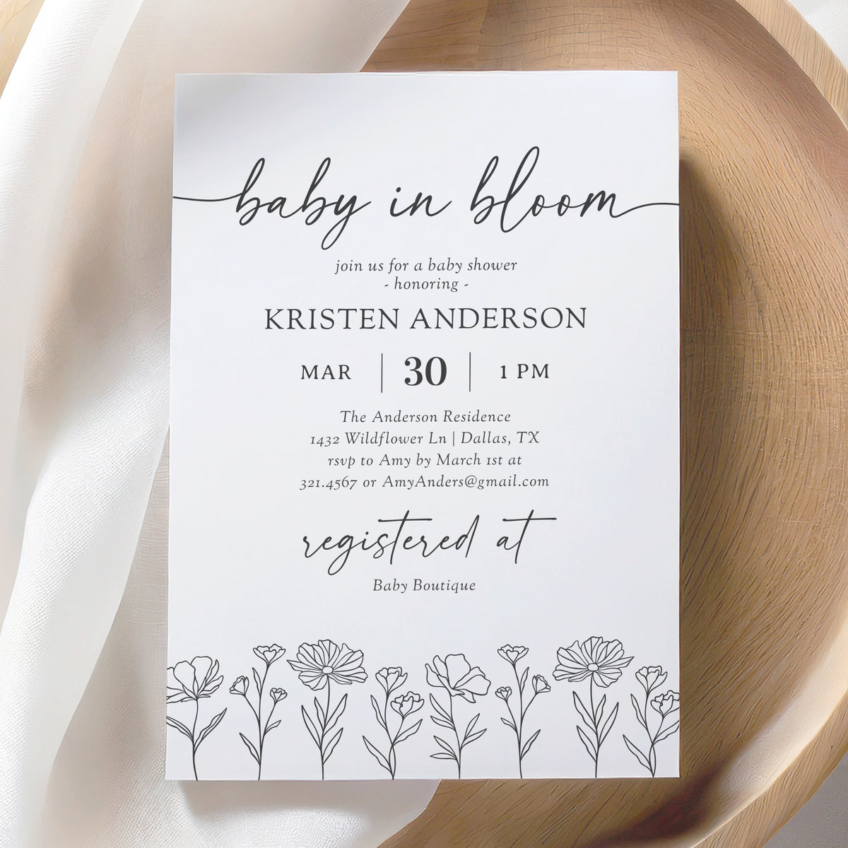 Minimalist Wildflower Baby Shower Invitation