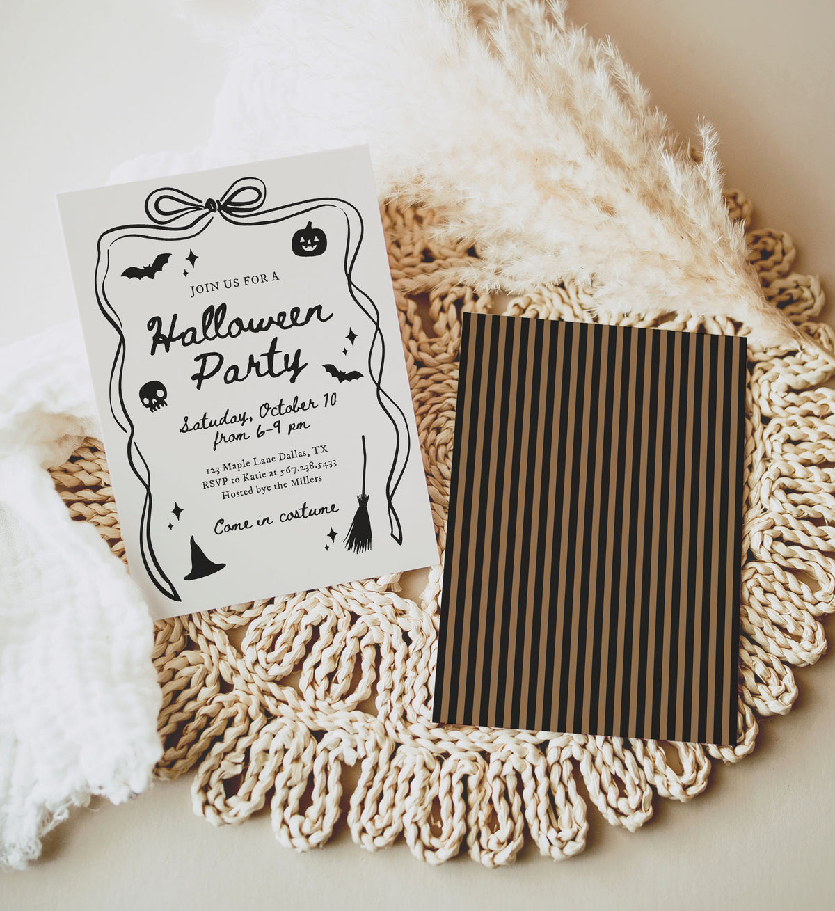 Black Bow Hand Drawn Halloween Party Invitation