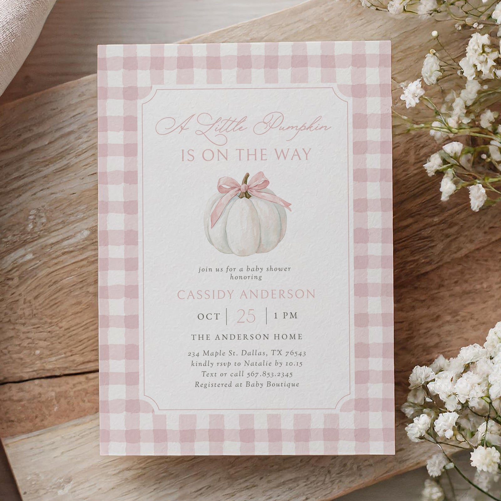 Pink Gingham Pumpkin Baby Shower Invitation