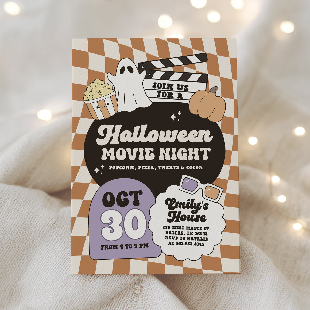 Retro Checker Halloween Movie Night Invitation