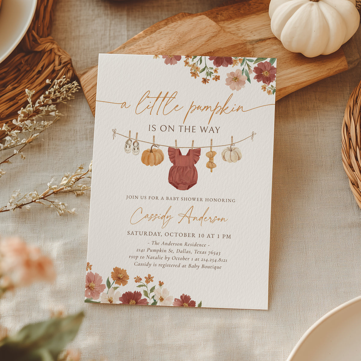 Burgundy Floral Little Pumpkin Baby Shower Invitation