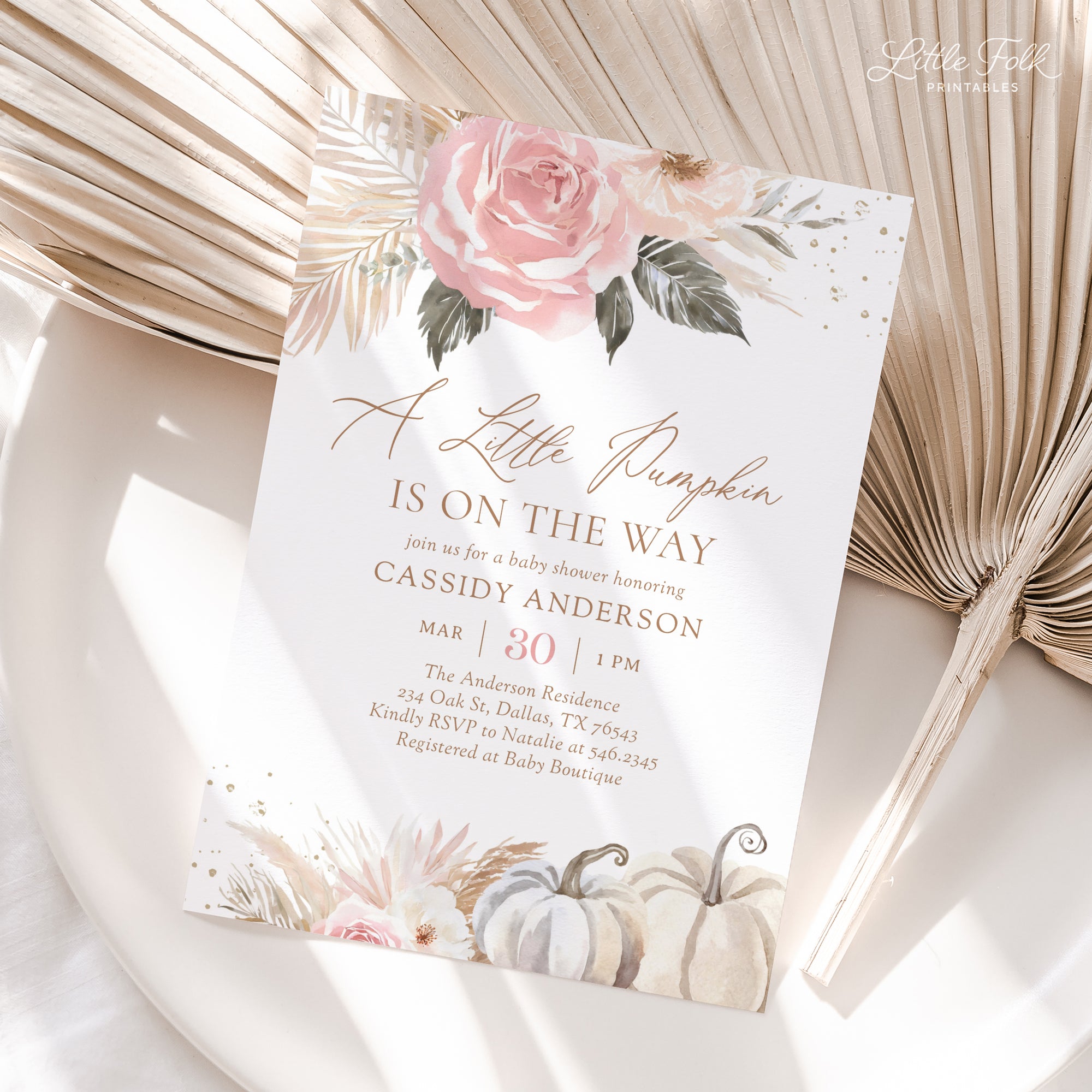 Pink Boho Little Pumpkin Baby Shower Invitation