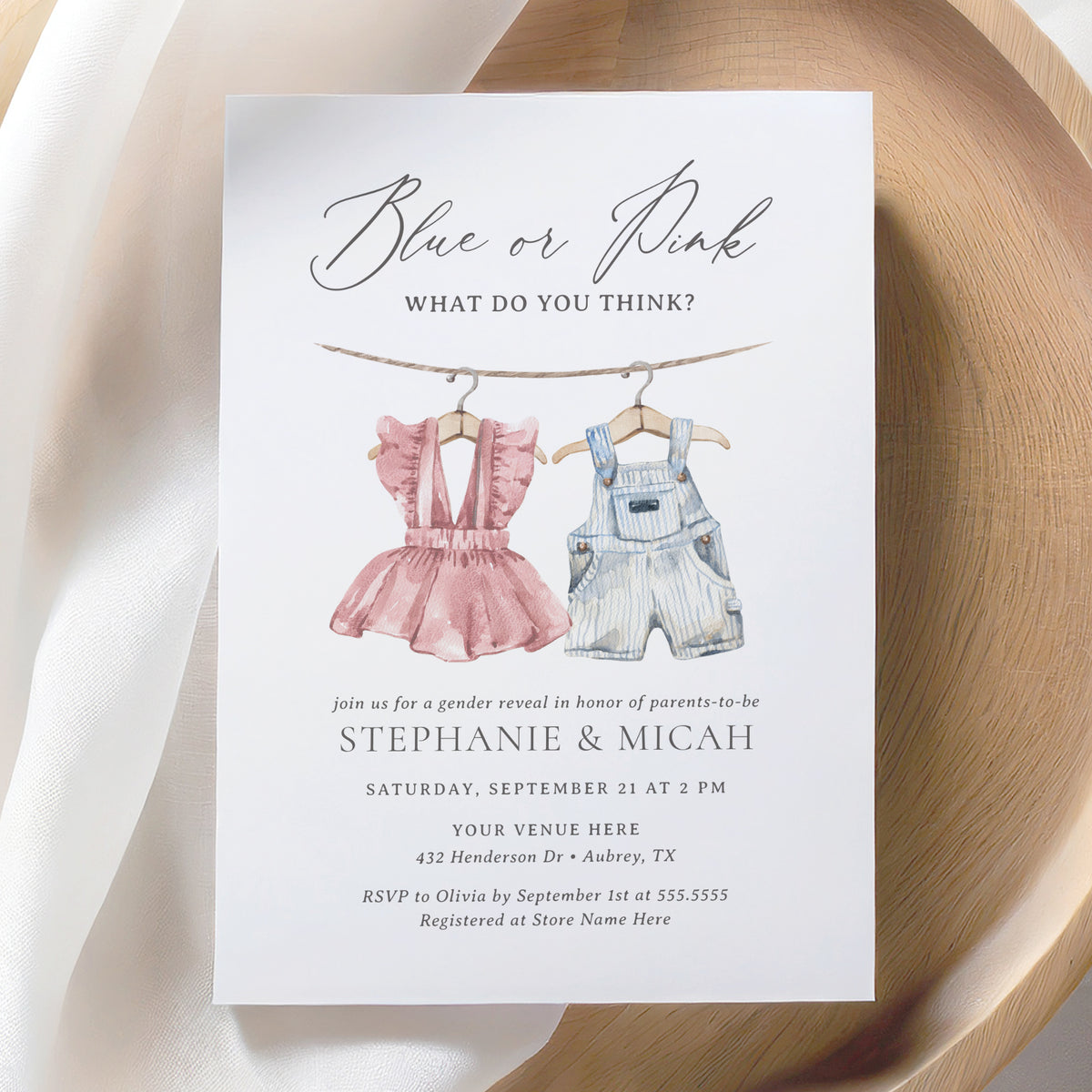 Editable Pink and Blue Baby Clothes Gender Reveal Invitation Template v2