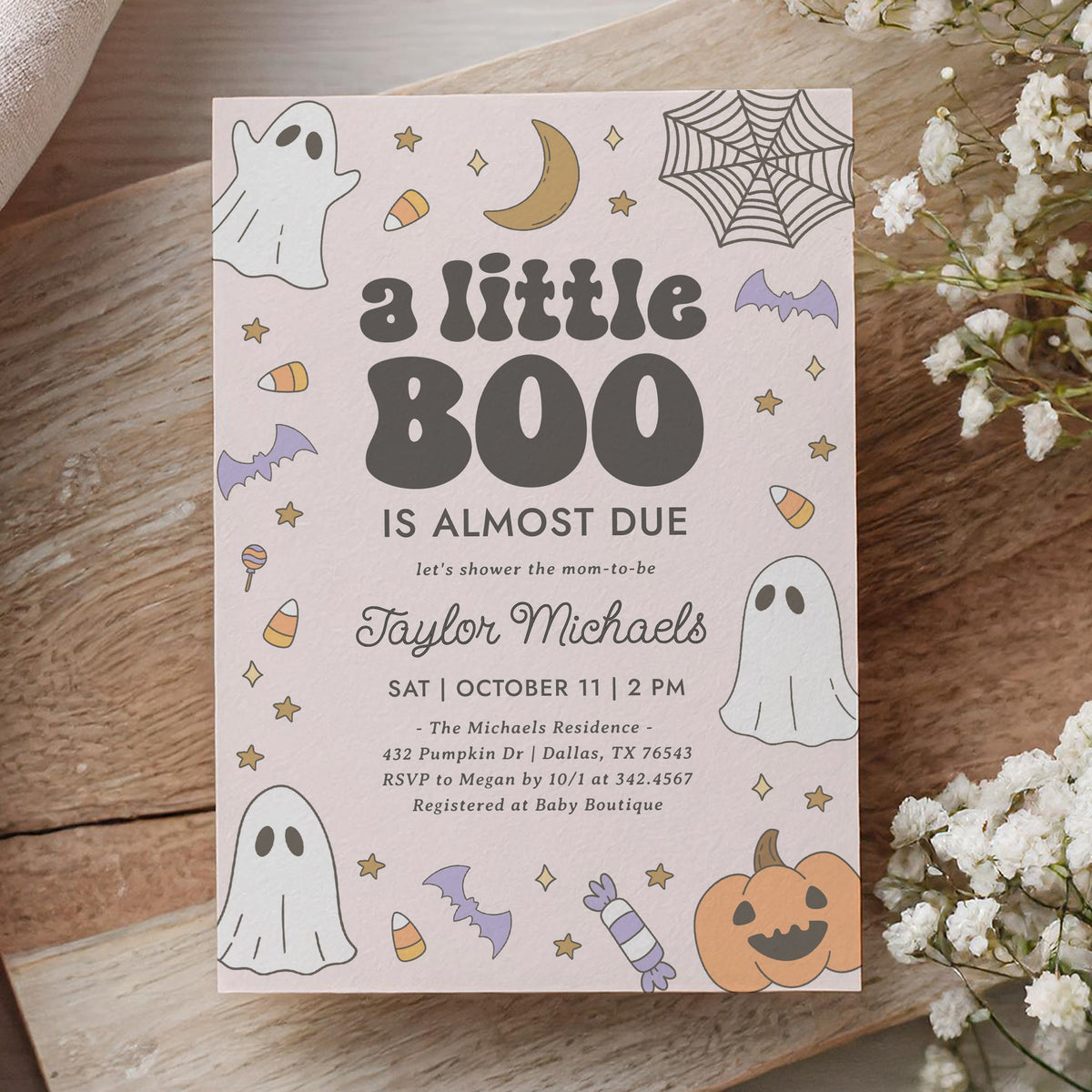 Little Boo Retro Baby Shower Invitation Template (Pink)
