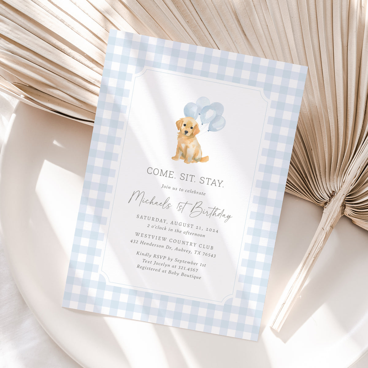 Blue Gingham Golden Retriever Birthday Invitation