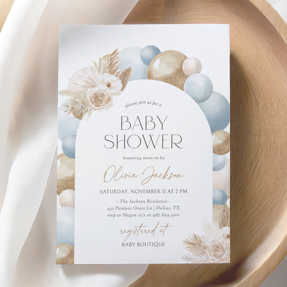 Blue Balloon Arch Baby Shower Invitation